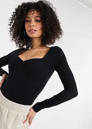 Черное боди в рубчик со швами на лифе и длинными рукавами ASOS DESIGN Tall-Черный