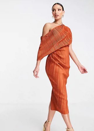 Плиссированное платье миди цвета корицы на одно плечо ASOS DESIGN Tall-Разноцветный