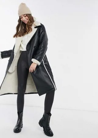 Черное пальто из искусственной кожи с подкладкой из искусственного меха New Look-Черный