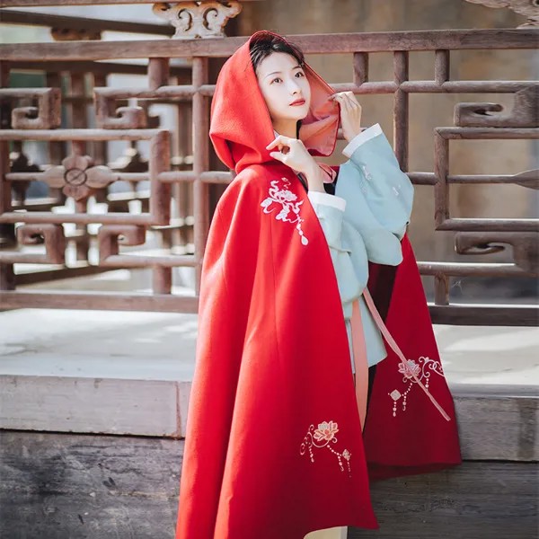 Женский плащ Hanfu, Китайская древняя традиционная красная накидка с капюшоном и вышивкой, женский новогодний костюм для леди DWY3718