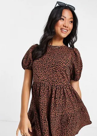 Свободное коричневое платье мини с леопардовым принтом ярусного кроя ASOS DESIGN Petite-Коричневый цвет