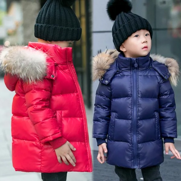 Зимняя детская пуховая куртка, пуховик для мальчиков, меховое детское теплое пальто, повседневная одежда для девочек, утепленная парка сред...