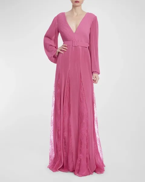 Плиссированное платье-годе с кружевной вставкой Badgley Mischka, цвет Strawberry