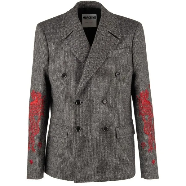 Moschino Couture Двухрядная куртка с узором «елочка» и вышивкой Шерстяной Серый 11218