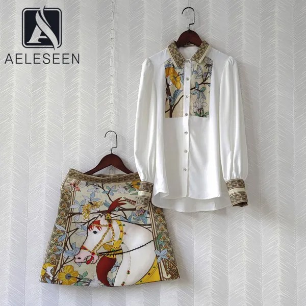 AELESEEN 2022, Дизайнерский Модный комплект, рубашка с длинными рукавами + Мини Короткая юбка с бисером, Женские повседневные комплекты из двух пр...