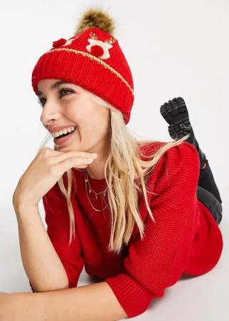 Красная новогодняя шапка-бини с помпоном из искусственного меха и северными оленями Boardmans-Красный