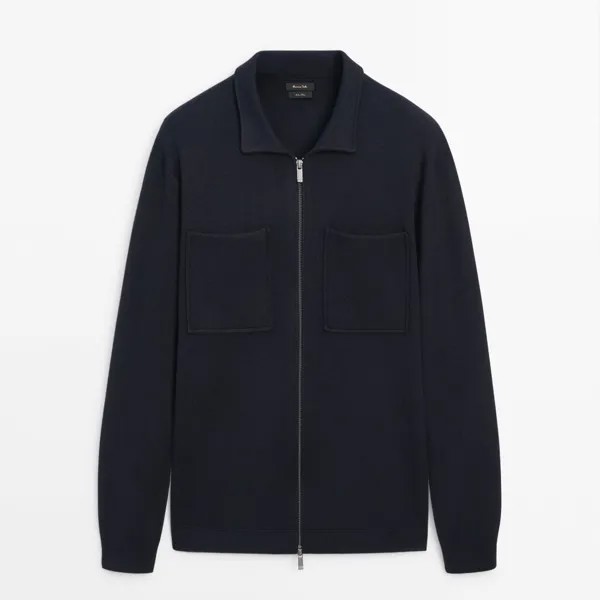 Кардиган Massimo Dutti Knit With Zip And Shirt Collar, темно-синий