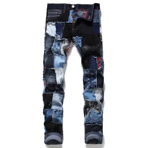 Осенние Популярные облегающие мужские джинсы в стиле пэчворк, модные повседневные Прямые брюки в стиле унисекс, классные мужские брюки в стиле хип-хоп