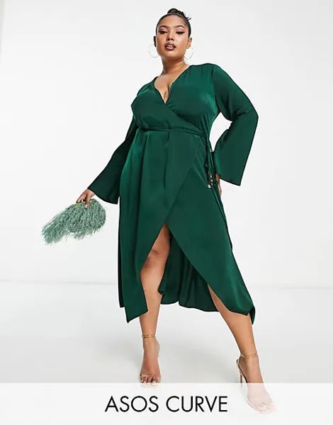 Зеленое атласное платье с запахом и завязкой на талии ASOS DESIGN Curve