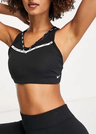 Черный спортивный бюстгальтер с высокой степенью поддержки, тесьмой и логотипом-галочкой Nike Training-Черный цвет