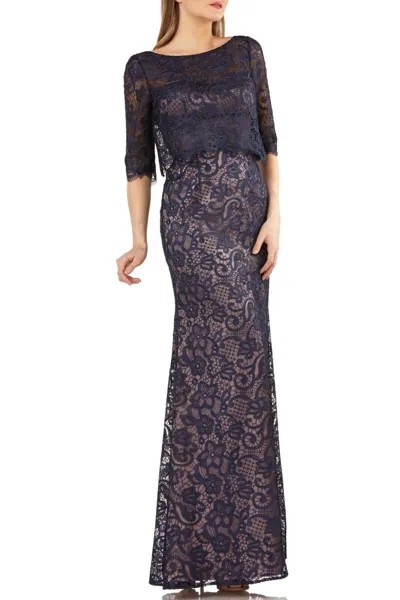 JS COLLECTIONS Темно-синее кружевное платье с цветочной вышивкой и фестонами в стиле ночного неба 10 США