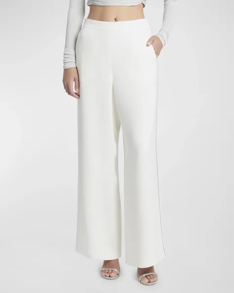 Широкие шелковые брюки с боковой окантовкой Giorgio Armani, цвет Ivory