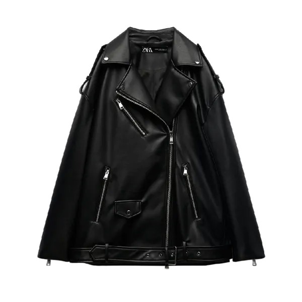 Кожаная куртка Zara Faux leather oversize biker, черный