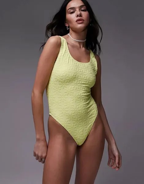 Жаккардовый купальник Topshop желтого цвета с глубоким вырезом на спине