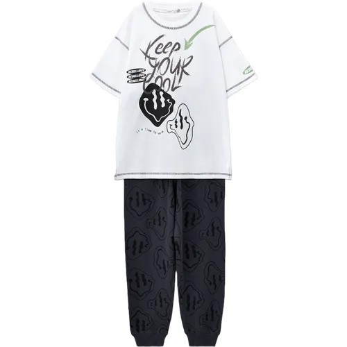 Пижама Sela, футболка, брюки, брюки с манжетами, размер 122/128, белый, черный
