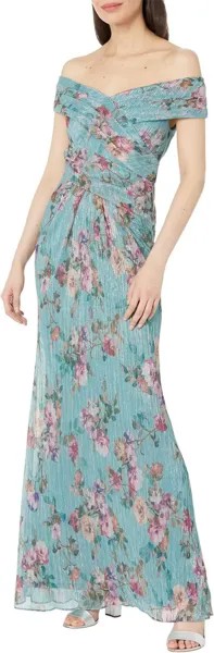 Платье Adrianna Papell Off-the-Shoulder Printed Metallic Crinkle Ruched Gown, цвет Aqua Multi
