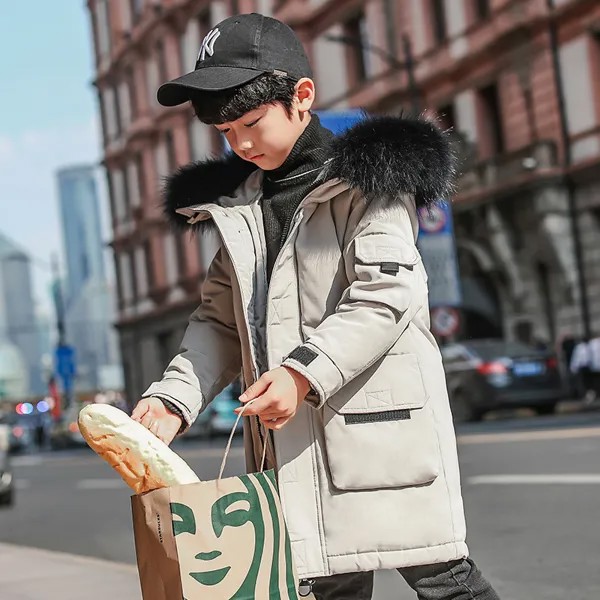 Детская куртка на пуху; Куртка для мальчика середины Длина утолщенной Новый стиль, детская зимняя одежда для мальчиков в Корейском стиле, в ...