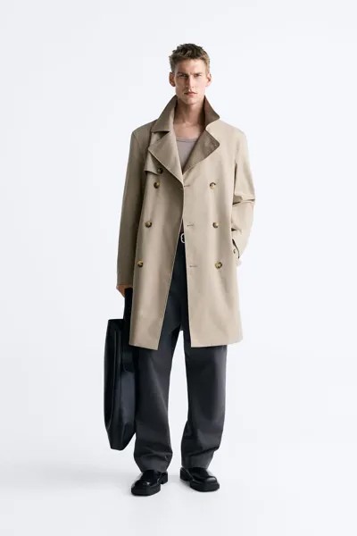 Двубортный тренч технический ZARA, бежевый