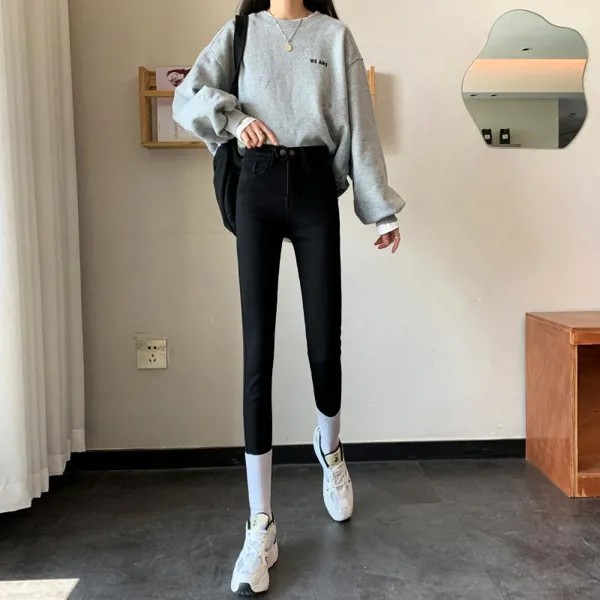 N1873 Новинка корейский стиль Ретро Высокая талия две пуговицы плюс бархатные толстые узкие джинсы женские джинсы