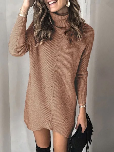 Milanoo Women\'s Sweater Dress Knitted Modern Acrylic Long Sleeves Turtleneck Single Color Dress