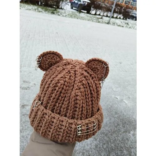 Шапка классический  Вязанная шапка с ушками MaMaLu зимняя, шерсть, вязаная, размер 50/58, коричневый