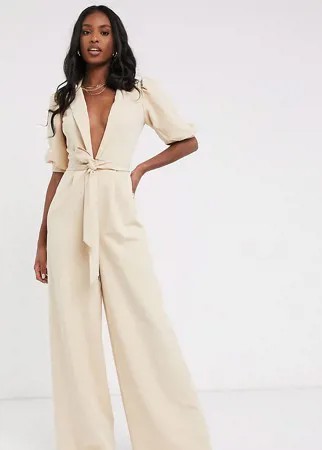 Комбинезон с пышными рукавами и поясом ASOS DESIGN Tall-Neutral