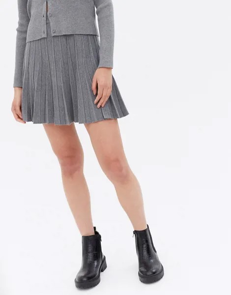Трикотажная плиссированная юбка серого цвета New Look-Серый