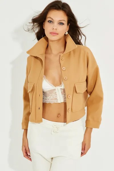 Женская короткая куртка с карманами светло-коричневого цвета PP2444 Cool & Sexy, коричневый