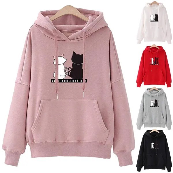 Уличная одежда Hoodies женщин Sweatshirt Осень Длинные рукава Hoodies Harajuku Худи Симпатичные Cat Печати Sweatshirt