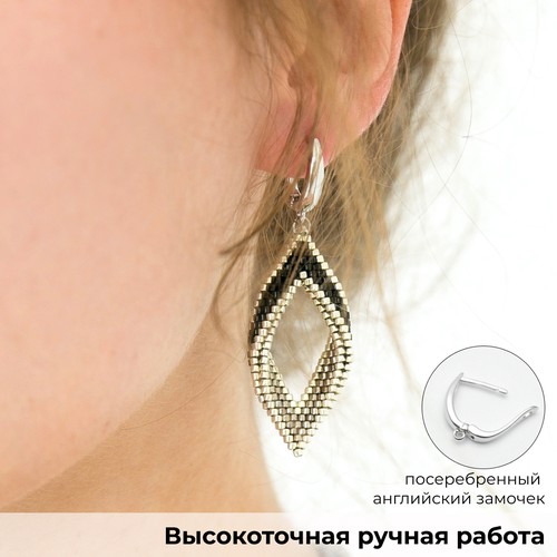 Серьги двусторонние Valeria Queen Jewelry, размер 60 мм, серебряный, черный, серый