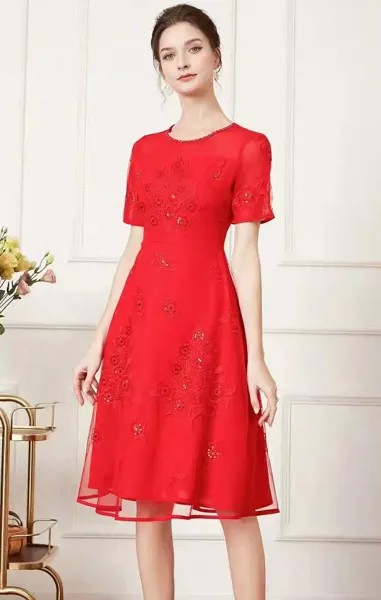 Женское вечернее платье с коротким рукавом, Сетчатое платье абрикосового, черного, красного цветов с роскошной вышивкой, весна-лето 2022