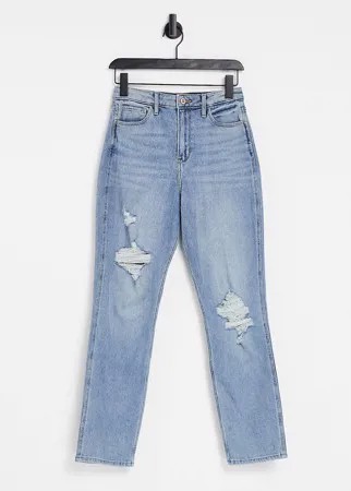 Выбеленные джинсы бойфренда цвета индиго со рваными коленями Hollister-Голубой