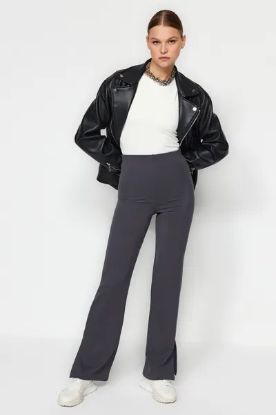 Антрацитовые трикотажные брюки с расклешенными боковыми разрезами по бокам/испанские штанины с высокой талией Trendyol, серый