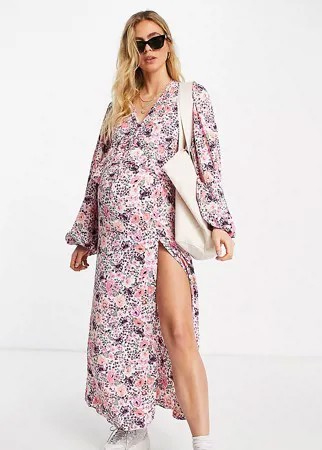 Платье миди с присборенной юбкой, воланом и цветочным принтом в розовом цвете Missguided Maternity-Коричневый цвет