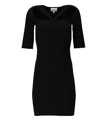 Женское черное платье в рубчик с вырезами Ganni