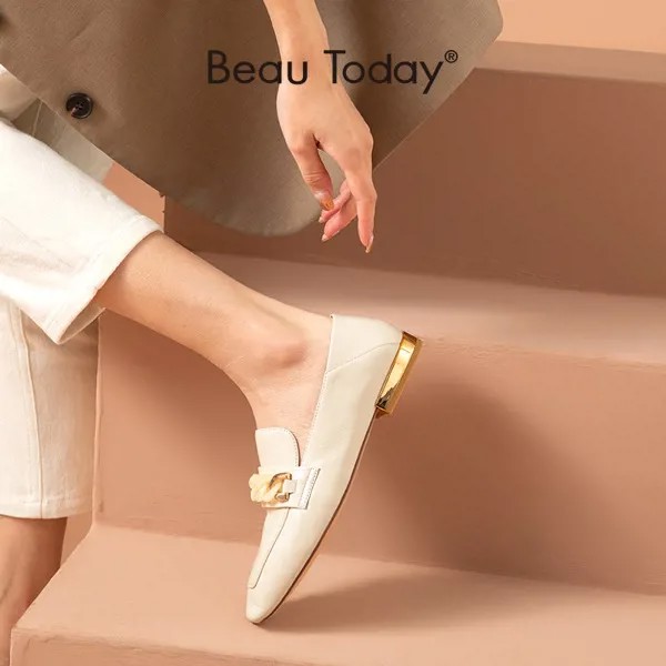 Лоферы BeauToday женские из натуральной овечьей кожи, с квадратным носком, на плоской подошве, с декоративная металлическая цепь, мягкие, ручная ...