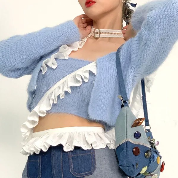 MOF Store для девочек светло-голубой/черный Съемная кружевная отделка плюшевый вязаный кардиган костюм клетчатый жилет