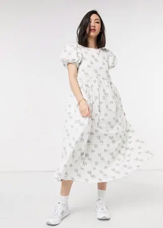Платье миди с завязками и фактурным цветочным принтом в винтажном стиле Lost Ink-Белый
