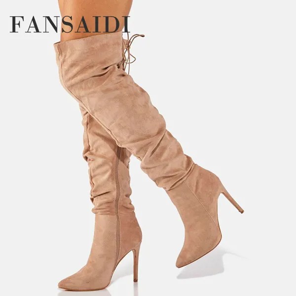 Женские сапоги на шпильках FANSAIDI, абрикосового цвета Сапоги выше колена с острым носком, на прозрачном каблуке, большие размеры 40 41 42 43, для зи...