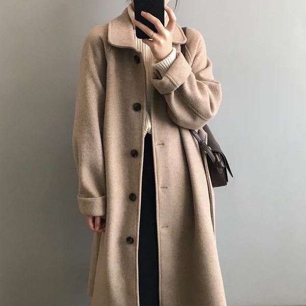 Женское шерстяное пальто в стиле преппи, Корейская универсальная ветровка в стиле ретро, длинное пальто большого размера LD2422, Осень-зима 2022