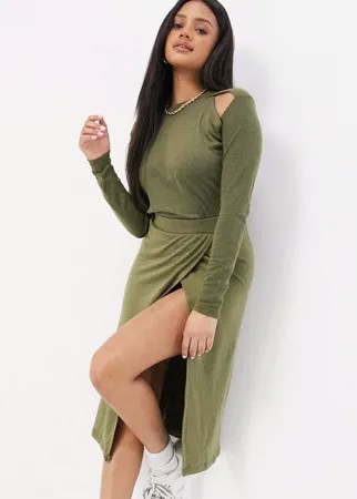 Трикотажная юбка миди цвета хаки с запахом Unique21-Зеленый цвет
