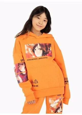 Оранжевое худи oversize с аниме-принтом для девочки Gloria Jeans, размер 14+/164