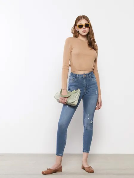 Женские джинсовые брюки родео с высокой талией и прямыми карманами, очень узкие брюки LCW Jeans, среднее индиго родео