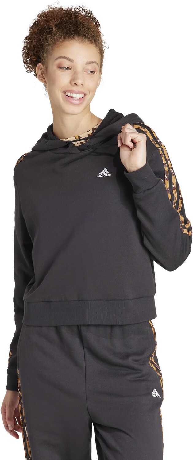 Худи Adidas Essentials 3-Stripes Animal Printed Relaxed Hoodie, цвет Black/Magic Beige