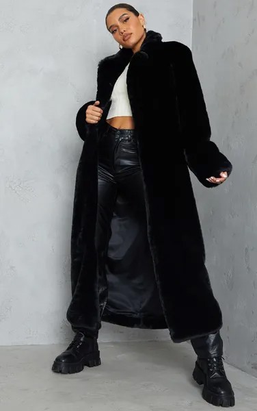PrettyLittleThing Черное плюшевое пальто в стиле милитари из искусственного меха