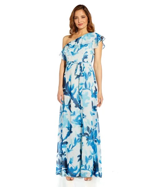 Платье Adrianna Papell, Printed Chiffon Metallic Clip Dot One Shoulder Gown