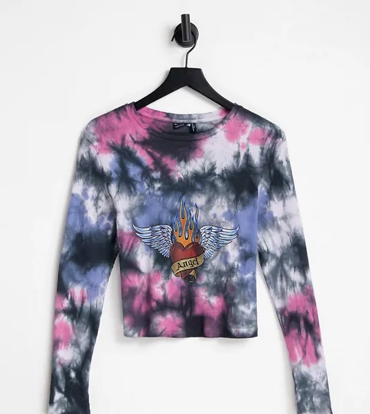 Укороченный лонгслив с эффектом тай-дай и принтом татуировки на груди ASOS DESIGN Curve-Разноцветный