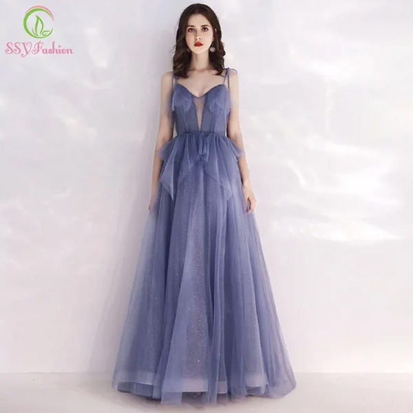 Женское вечернее платье со шлейфом SSYFashion, длинное блестящее платье серого и синего цвета с V-образным вырезом, без рукавов, бальное платье
