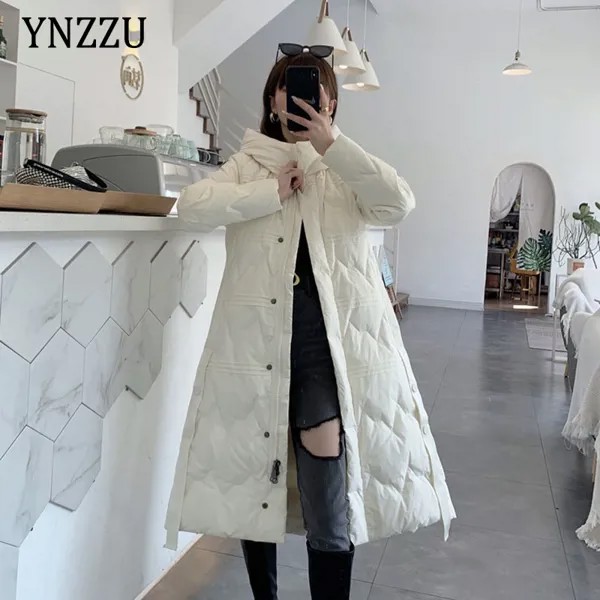 Женский теплый пуховик с капюшоном YNZZU 1O148, однотонный пуховик на белом утином пуху, до колена, зимняя теплая верхняя одежда, 2021