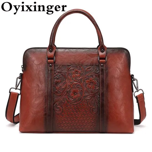 OYIXINGER женский портфель, высокое качество, тисненые сумки на плечо, винтажный цветочный кожаный портфель, женская сумка для ноутбука 14 дюймов